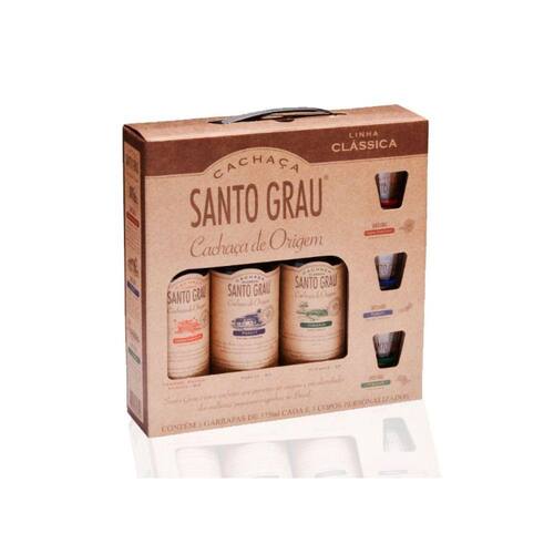 Kit Cachaça Santo Grau com 3 Garrafas 375ml e 3 Copos Exclusivos
