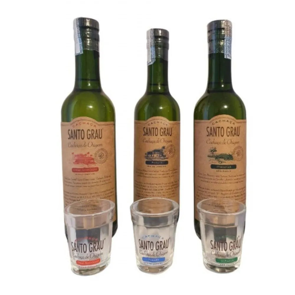 Kit Cachaça Santo Grau com 3 Garrafas 375ml e 3 Copos Exclusivos